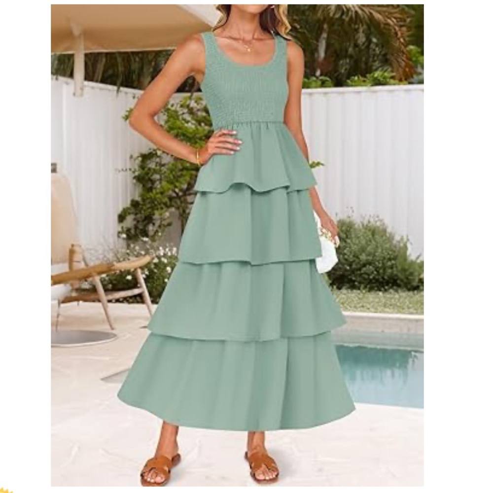 Zesica Womens Small Smocked Tiered Maxi‎ Dress Sage Green Sleeveless Ruffle Boho
